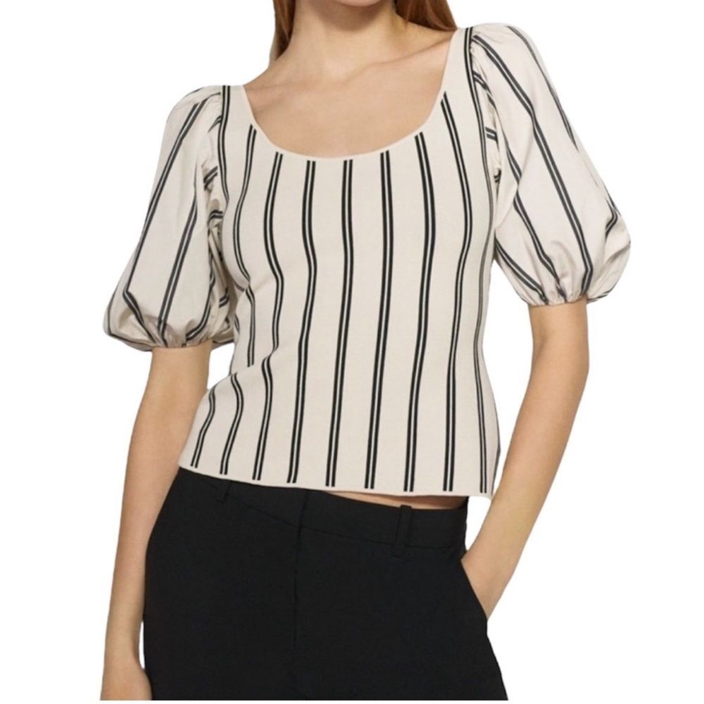 Theory Striped Puff Sleeve Scoop Neck Top Size Small
